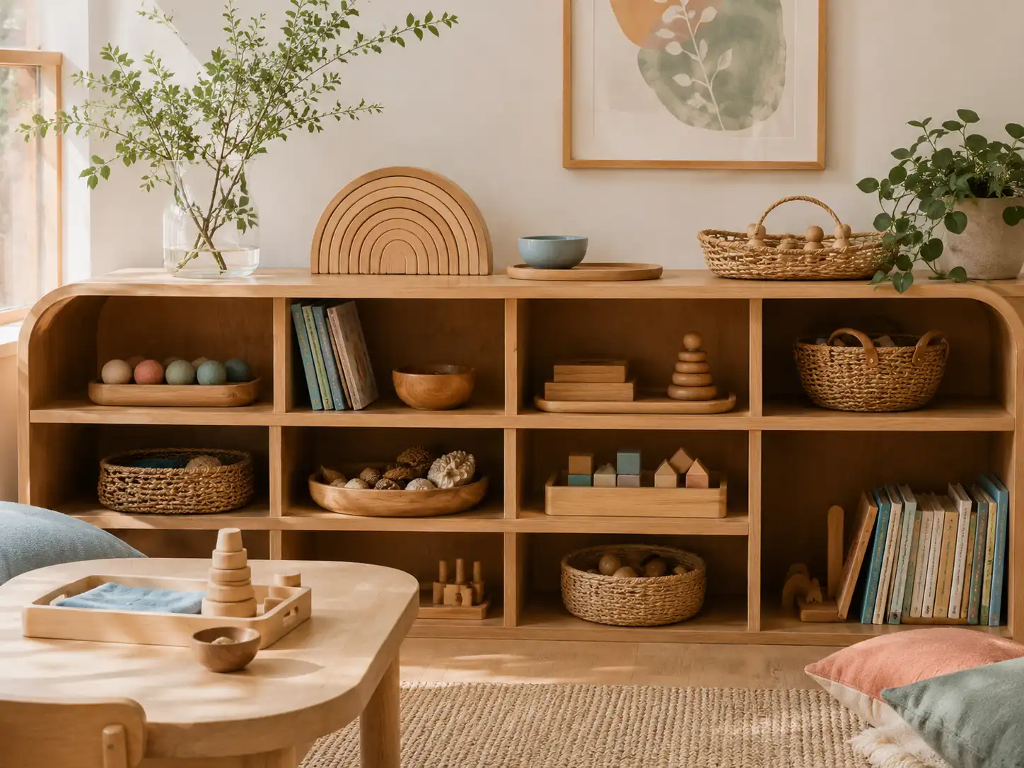 Objects placed with care on a classroom shelf