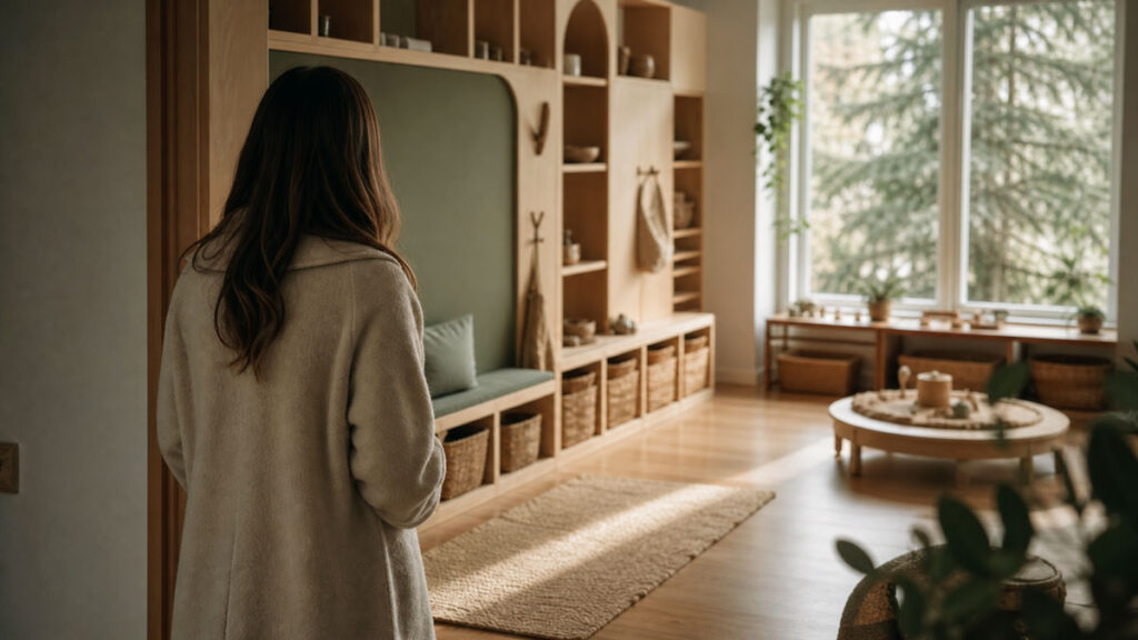A parent pausing at the doorway of a calm early learning space