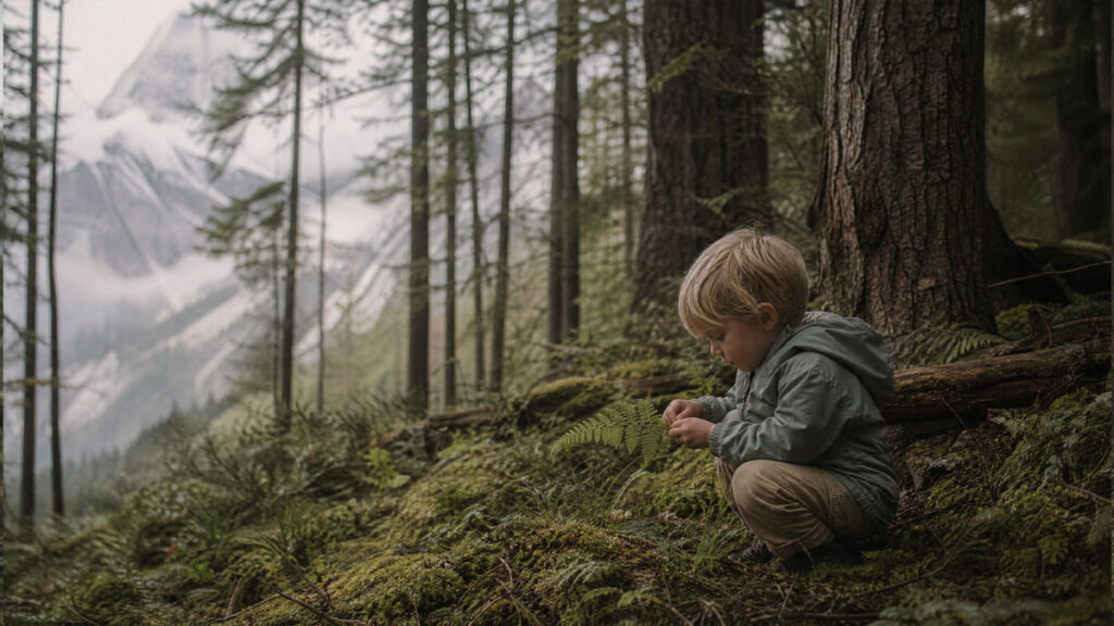 A preschool-age child exploring the forest floor near Squamish