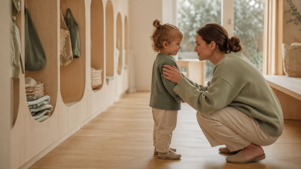 A parent and toddler at a calm goodbye during the first weeks of child care