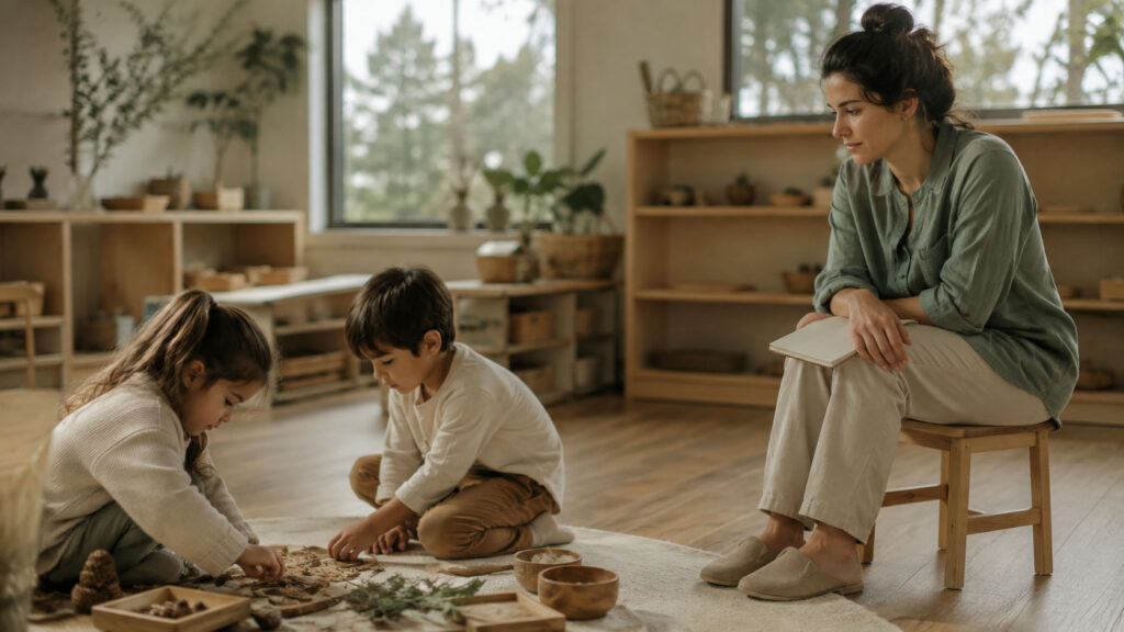 An educator observing children at play in a Squamish early learning room