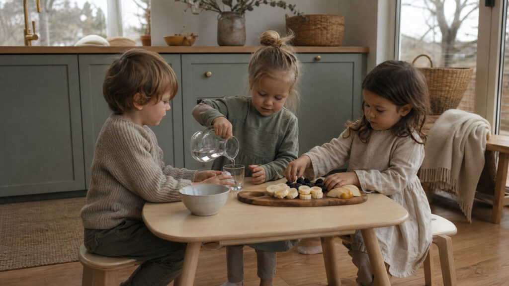 Preschool-age children in Squamish preparing their own snack with real tools