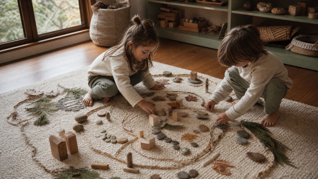 Montessori, Reggio Emilia, and the Kinder Curriculum: What Actually Matters 3 Children collaborating on a shared Reggio-inspired project with natural materials