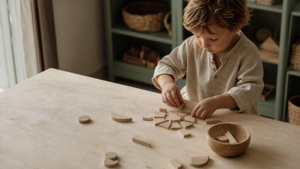 A child absorbed in work with open-ended natural materials