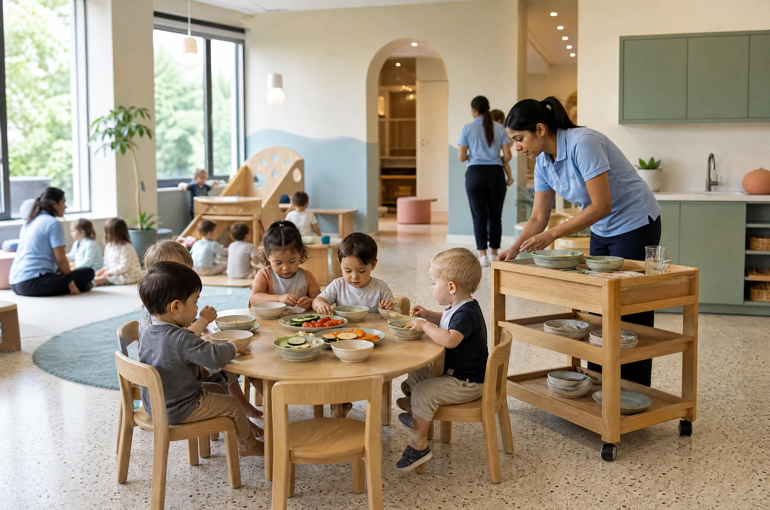 Child Care Meal Program: What to Ask and What to Look For 1 Children eating a wholesome lunch from ceramic bowls at a low table while an educator serves from a wooden trolley