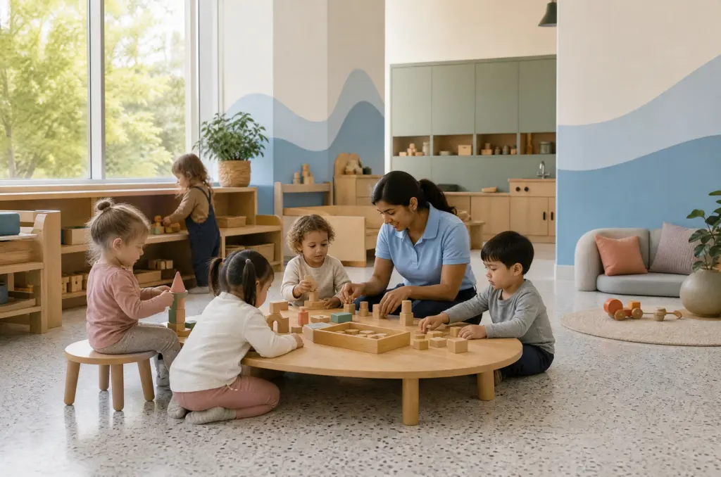A group of toddlers and preschoolers building with wooden blocks together at a low round table with an educator seated among them