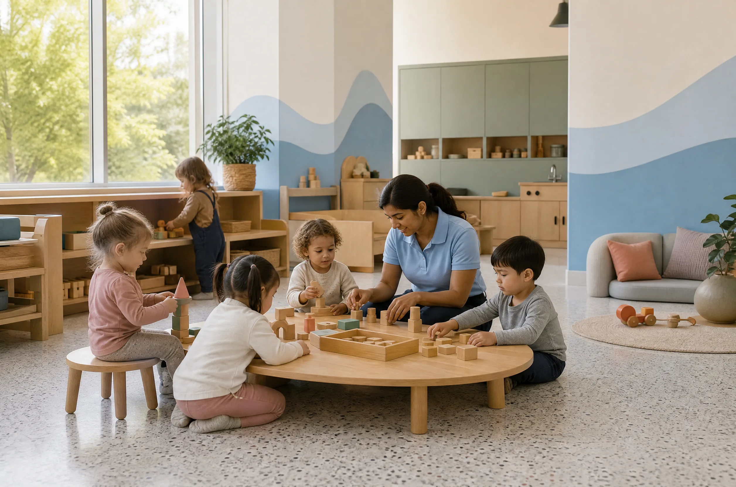 Child Care vs Nanny: An Honest Comparison for BC Families 1 A group of toddlers and preschoolers building with wooden blocks together at a low round table with an educator seated among them