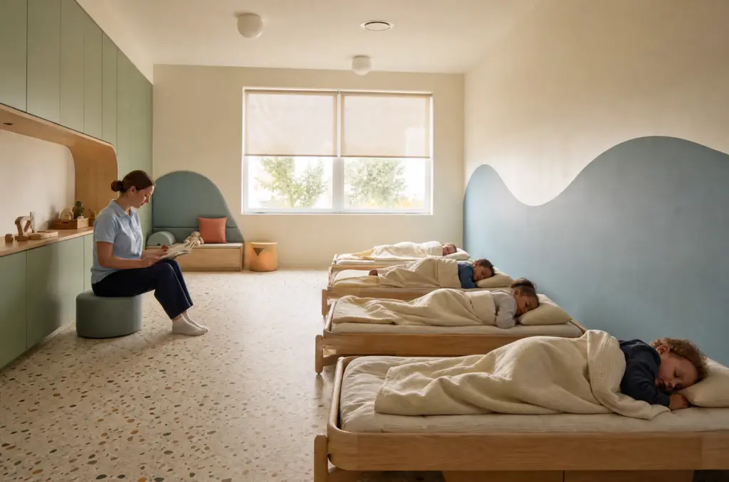 A quiet rest room at nap time with low wooden cots, soft bedding and an educator sitting nearby