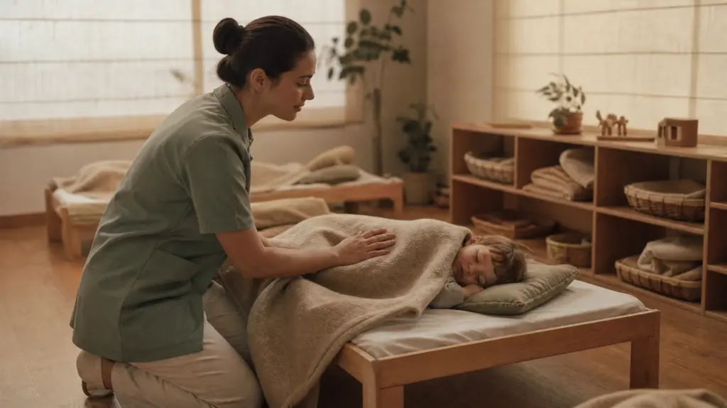 Naps at Child Care: What to Expect and What to Ask 3 An educator settling a toddler at rest time in a calm room
