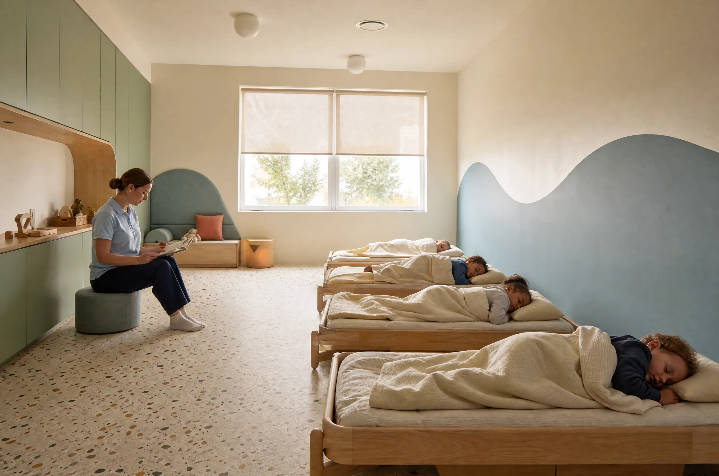 Naps at Child Care: What to Expect and What to Ask 1 A quiet rest room at nap time with low wooden cots, soft bedding and an educator sitting nearby