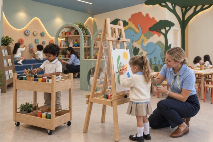 Children painting at easels in the art studio at Kinder Roots Redbridge