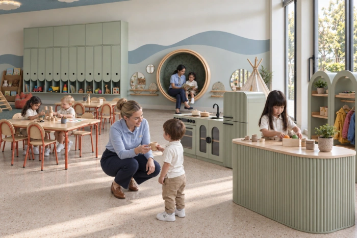 Children at the play kitchen and snack counter at Kinder Roots Redbridge