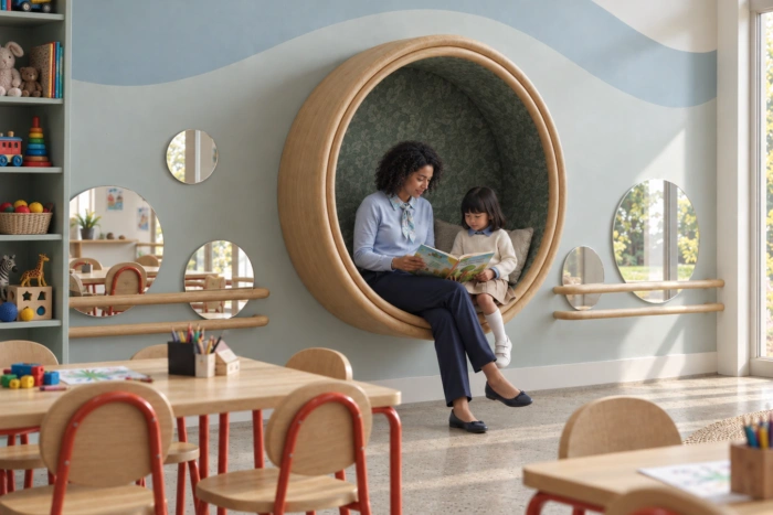 An educator and a child reading together in the round reading nook at Kinder Roots Redbridge