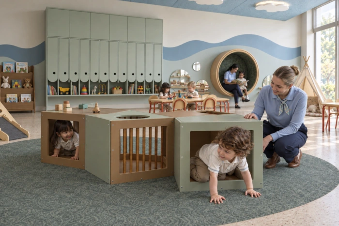 Toddlers crawling through soft play cubes with an educator at Kinder Roots Redbridge