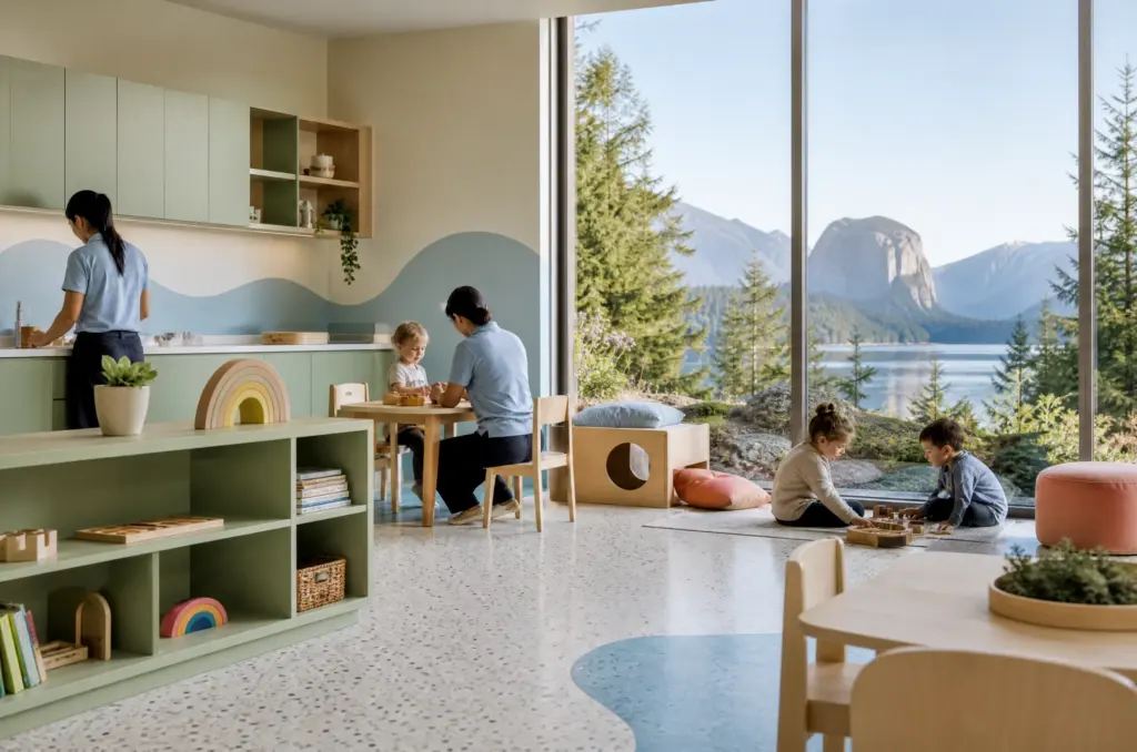 A view of the coastal mountains and forest of the Sea to Sky corridor through a floor to ceiling classroom window