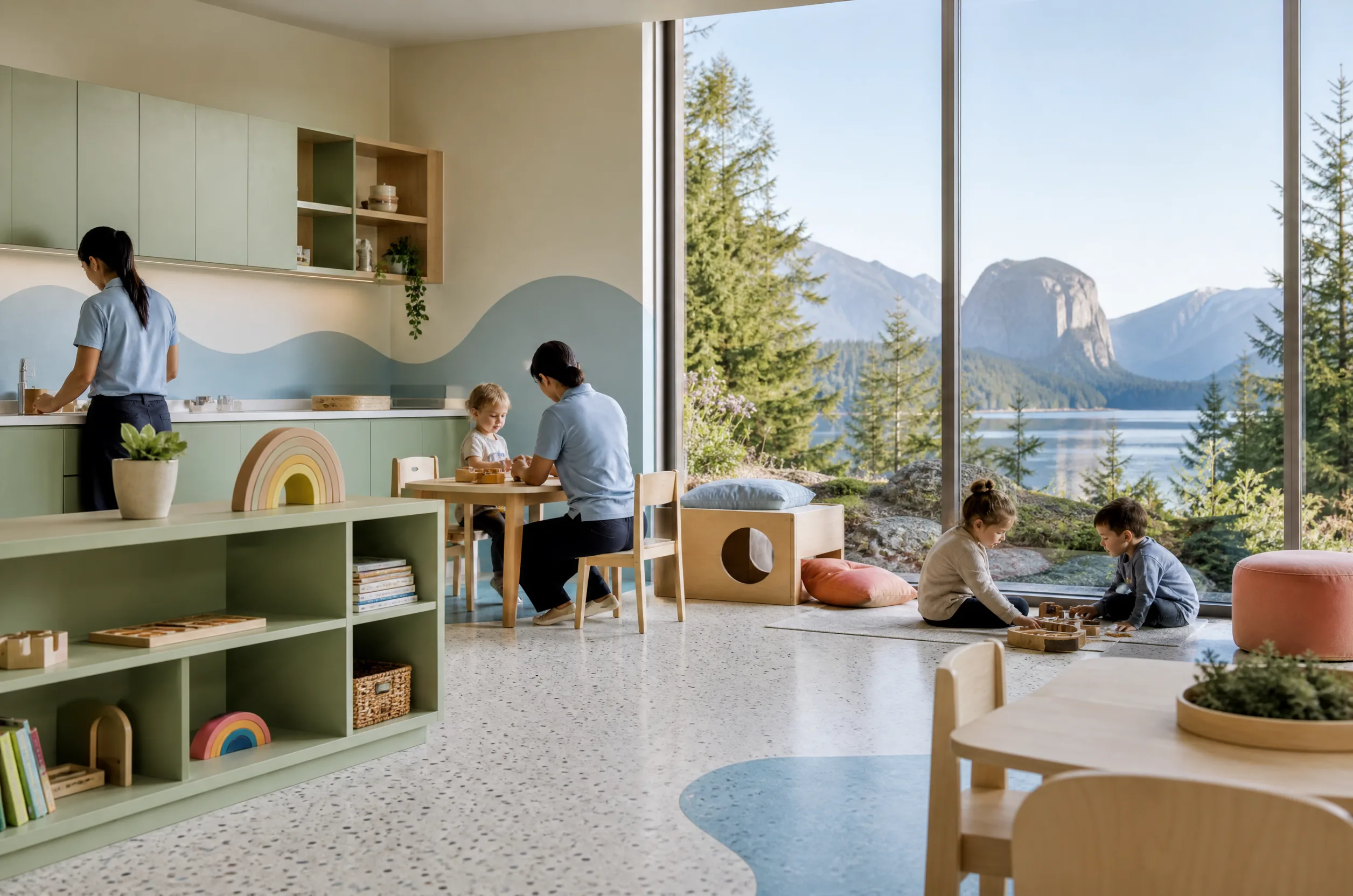 A view of the coastal mountains and forest of the Sea to Sky corridor through a floor to ceiling classroom window